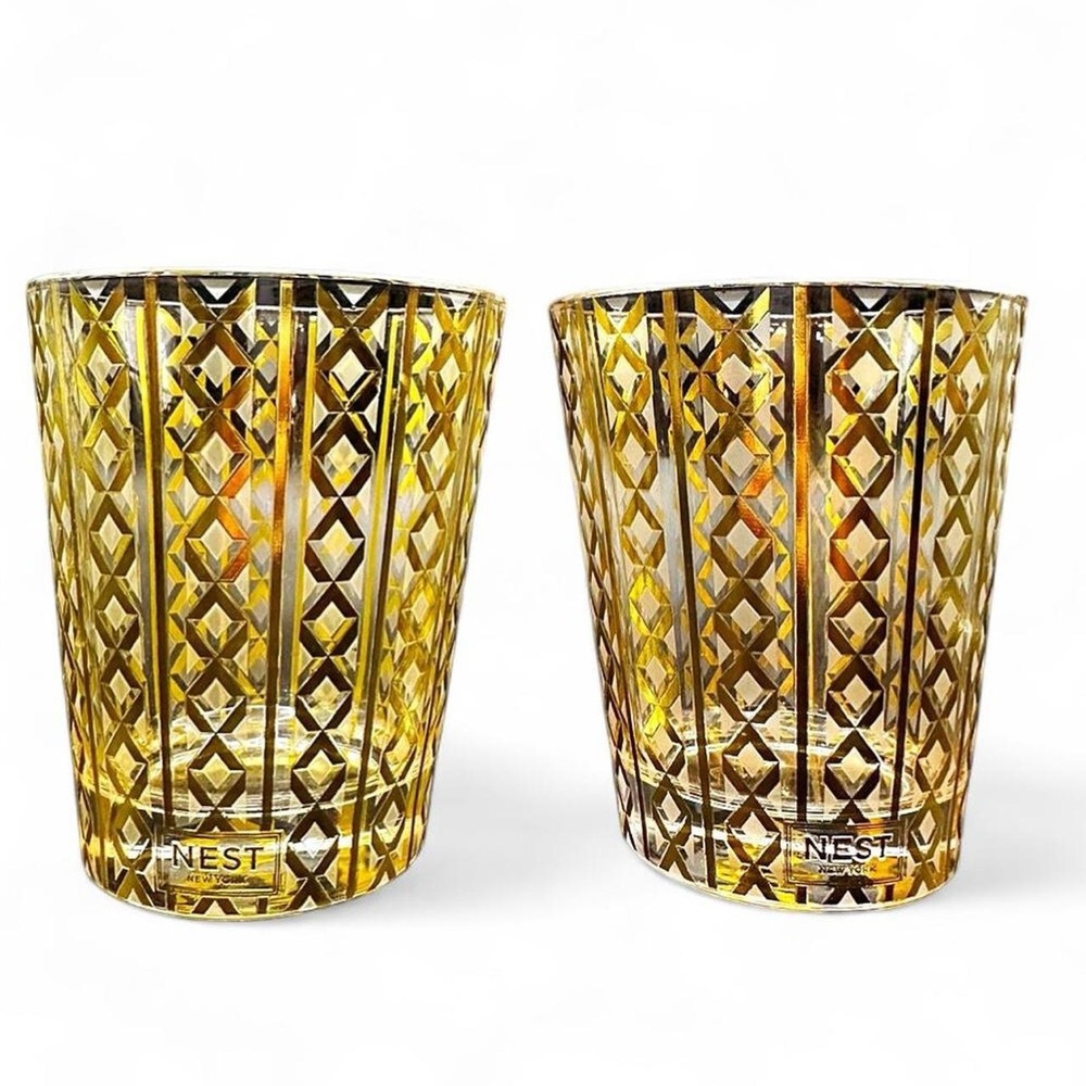Set of 2 NEST Luxury 4” Gold Diamond Glass Classic Candle Vessels